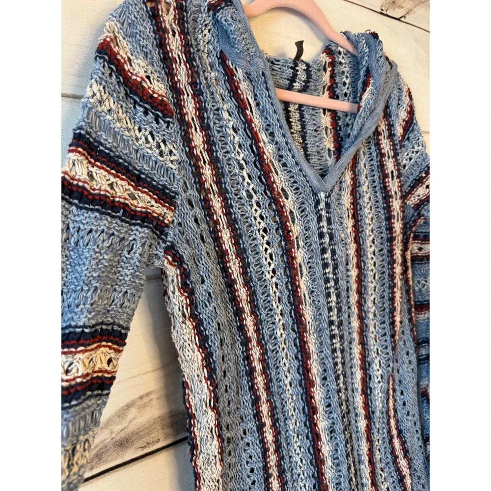 Eddie Bauer Womens Blue Striped Open Knit Hooded Sweater Pullover Medium Boho